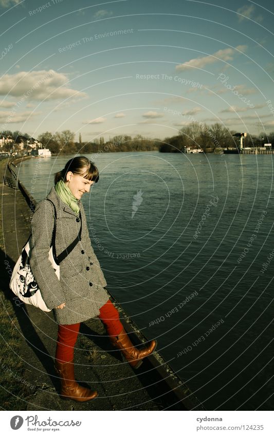 Along the shore Main Frankfurt Events Vacation & Travel Discover Relaxation To enjoy Action Body of water Woman Bag Coat Horizon Clouds Beautiful Promenade