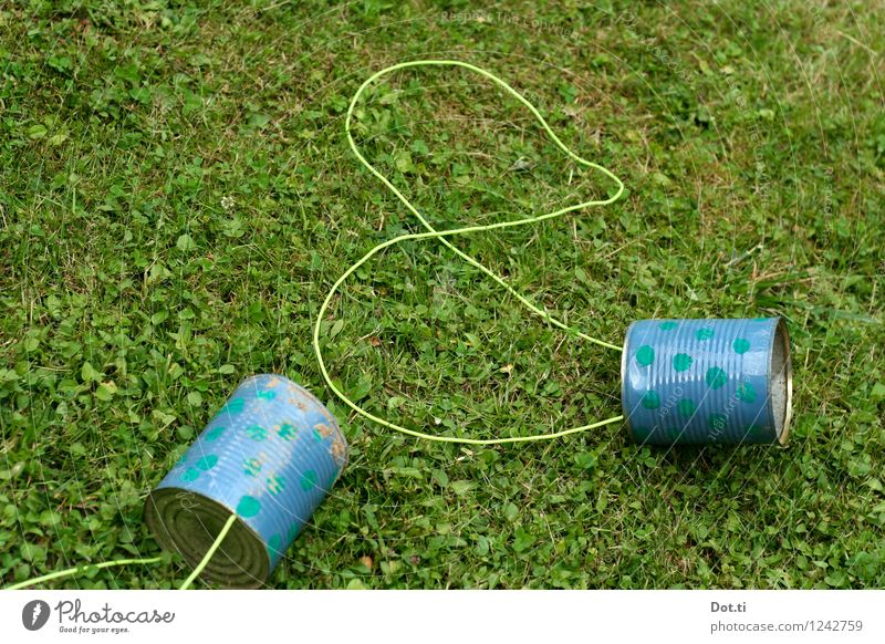 Tins to go Playing Nature Grass Garden Metal Blue Green Joy stilts Painted Tin of food String Point Self-made Colour photo Exterior shot Pattern Deserted