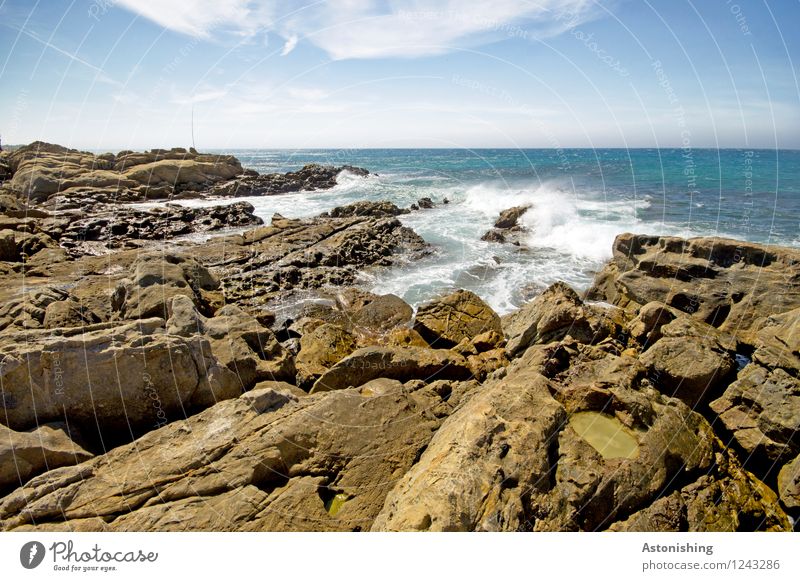 stone coast Environment Nature Landscape Water Sky Clouds Horizon Summer Weather Beautiful weather Rock Waves Coast Ocean Atlantic Ocean Morocco Stone Blue