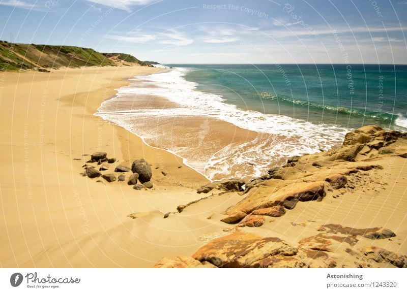 deserted beach Environment Nature Landscape Plant Sand Air Water Sky Clouds Horizon Summer Weather Beautiful weather Hill Rock Waves Coast Ocean Atlantic Ocean