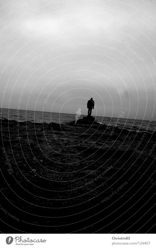 On his way... Ocean Man Loneliness Dark Longing Beach Clouds Cold Black & white photo Water Baltic Sea Lanes & trails Cover