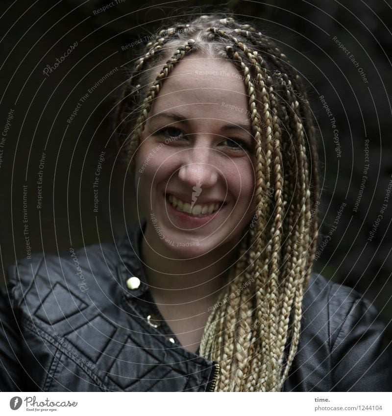 . Feminine Woman Adults 1 Human being Jacket Leather jacket Blonde Long-haired Dreadlocks Observe Laughter Looking Beautiful Emotions Joy Happy Happiness