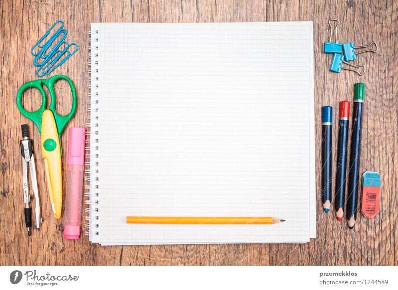 Notepad with pencil and other accessories Desk School Study Work and employment Workplace Tool Scissors Compass (Navigation) Paper Piece of paper Pen Education
