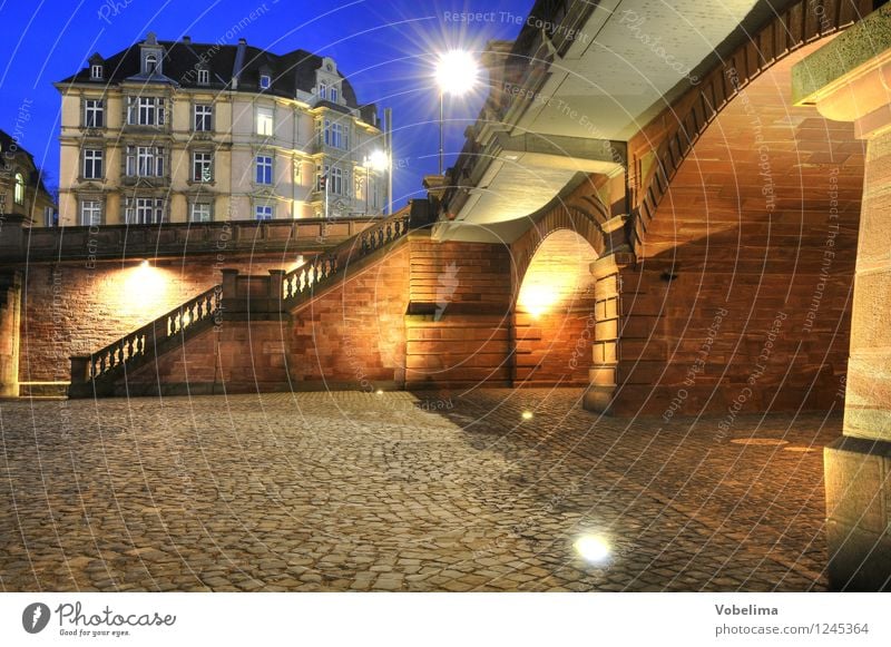 Evening in Frankfurt Town Old town House (Residential Structure) Bridge Building Architecture Wall (barrier) Wall (building) Stairs Facade Blue Brown Yellow