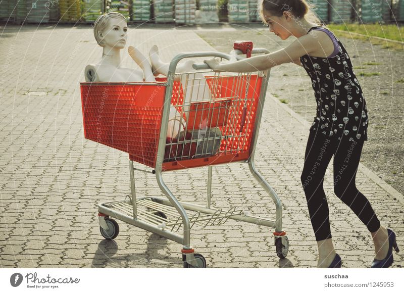 go shopping ..... Child Girl Young lady Youth (Young adults) Young woman Shopping Push Shopping Trolley Mannequin High heels Infancy Whimsical Strange