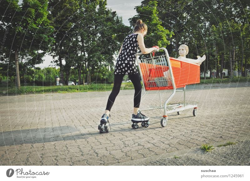 go shopping .. Child Girl Young lady Youth (Young adults) Young woman Shopping Push Running Shopping Trolley Mannequin High heels Infancy Whimsical Strange