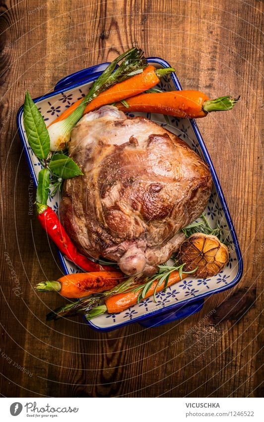 Leg of lamb roast with herbs and vegetables Food Meat Vegetable Herbs and spices Nutrition Dinner Banquet Organic produce Bowl Style Design Life