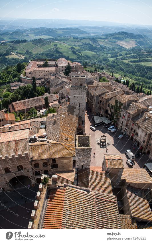 in the morning Vacation & Travel Tourism Trip Sightseeing City trip Summer Summer vacation Sky Horizon Field Hill San Gimignano Tuscany Italy Small Town