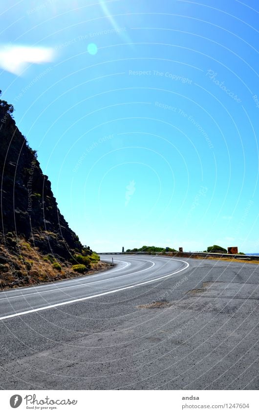 curve Nature Landscape Earth Sky Cloudless sky Beautiful weather Plant Bushes Hill Rock Street Curve Stone Concrete Infinity Blue Brown Gray Green Black White