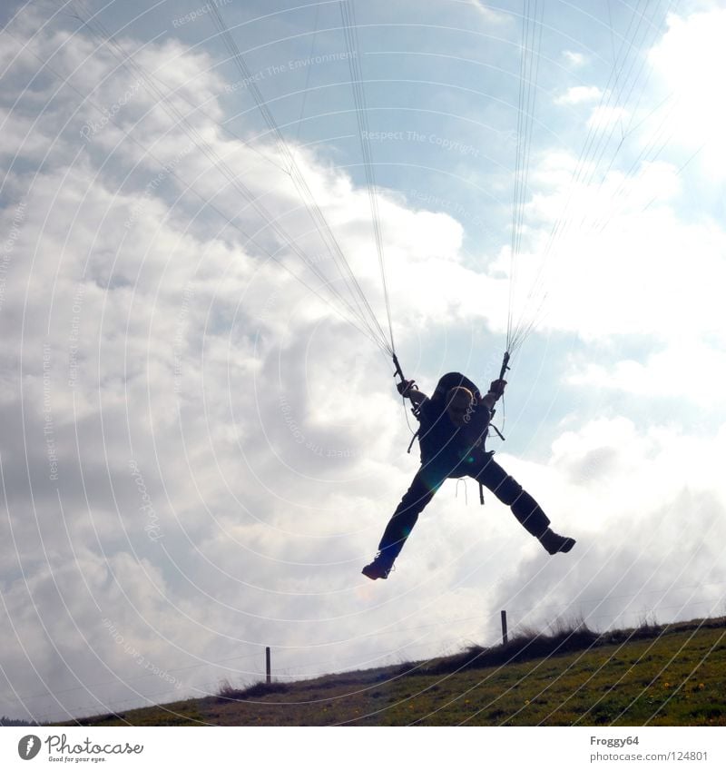 Suspended-X Paragliding Paraglider Play of colours Sky blue Romance Clearance for take-off Contrast Südbaden Green Schauinsland Monitoring Clouds Cumulus