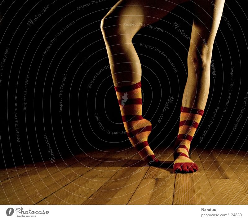 La danse des chaussettes red-orange Stockings Striped socks Sock Ballet Parquet floor Stage Dark Floodlight Dance Low-key Leisure and hobbies Art Culture