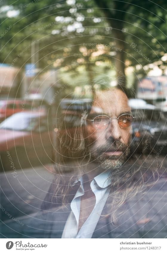 portrait of a man behind a window pane Masculine 1 Human being 45 - 60 years Adults Long-haired Designer stubble Looking Sit Dream Wait Elegant Success