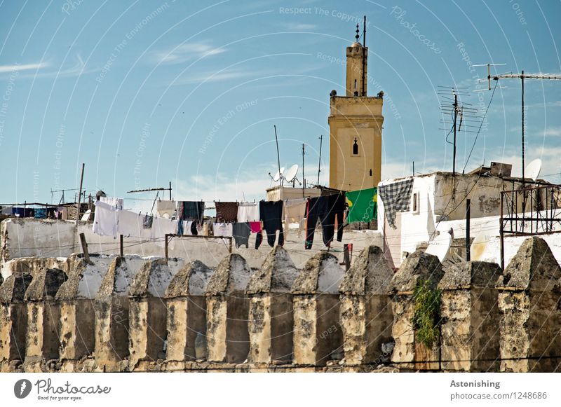Laundry in front of the mosque Sky Clouds Horizon Summer Weather Beautiful weather Fez Morocco Africa Town House (Residential Structure) Tower