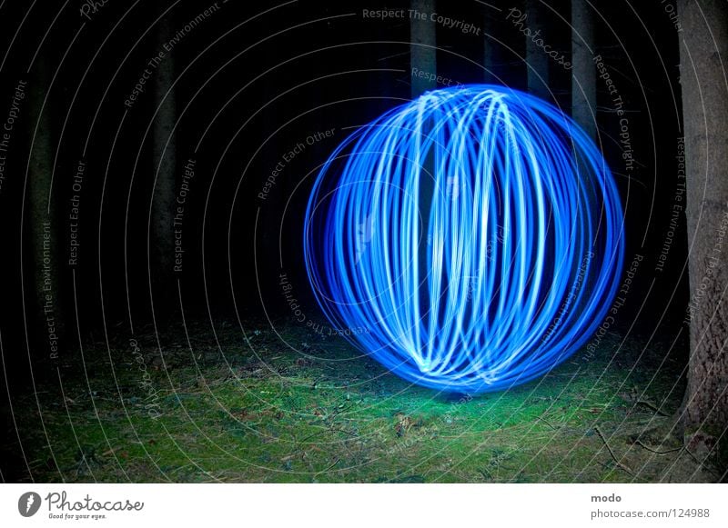 force field Light Forest Tree Dark Planet Flashlight LED Grass Meadow Rotate Circle Long exposure Sphere Bright Blue Surrealism spinning. long-term exposure