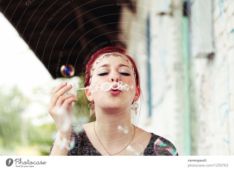bubbles Feminine Young woman Youth (Young adults) 1 Human being 18 - 30 years Adults Red-haired Toys Kitsch Odds and ends Playing Happiness Beautiful Joy