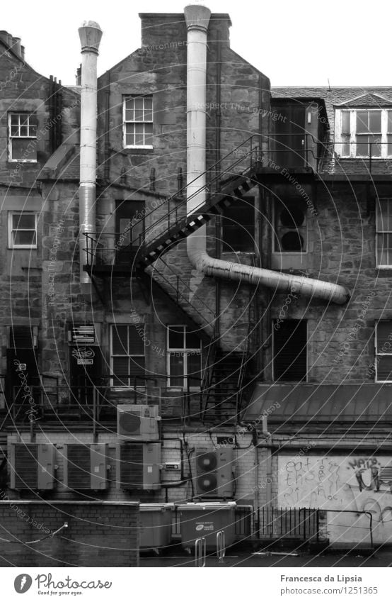 backyard City trip Autumn Bad weather Edinburgh Scotland Town Downtown Old town Deserted Building Wall (barrier) Wall (building) Stairs Facade Iron-pipe