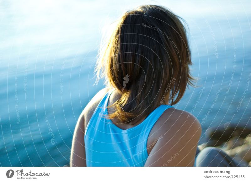 longing Woman Relaxation Ocean Lake Longing To enjoy Sun waiting Contentment relaxing chilling sit sitting Blue Water sea River Coast Observe Loneliness alone