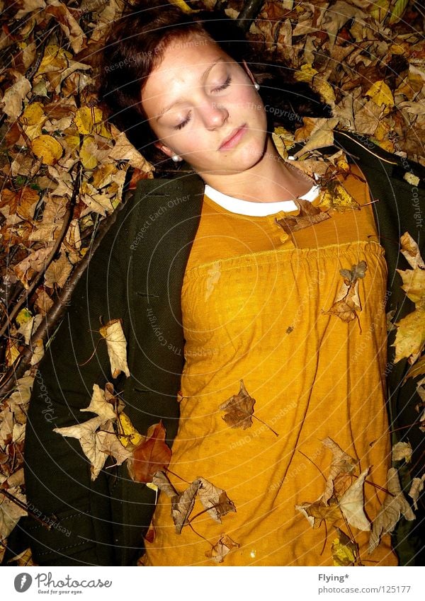 Sleeping Beauty Leaf Autumn Girl Yellow Green Relaxation Infinity Go under Moody Peace Coat Harmonious Trust Death Bury Nature Floor covering Autumnal Limp