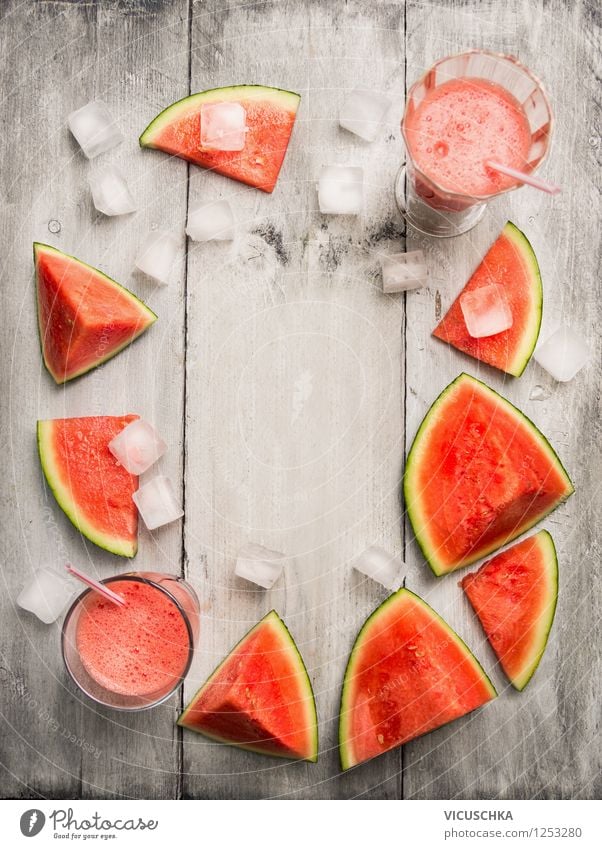 Watermelon juice with ice cubes on the wooden table Food Fruit Nutrition Organic produce Vegetarian diet Diet Beverage Cold drink Juice Glass Style Design