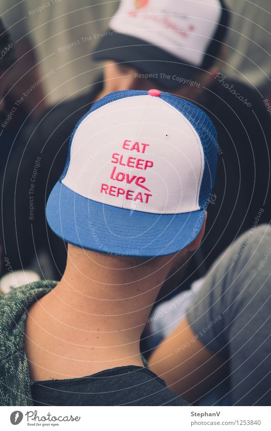 Eat Sleep Love Repeat Masculine Young man Youth (Young adults) 2 Human being Youth culture Event Shows Party Concert Outdoor festival cap Blue Pink White