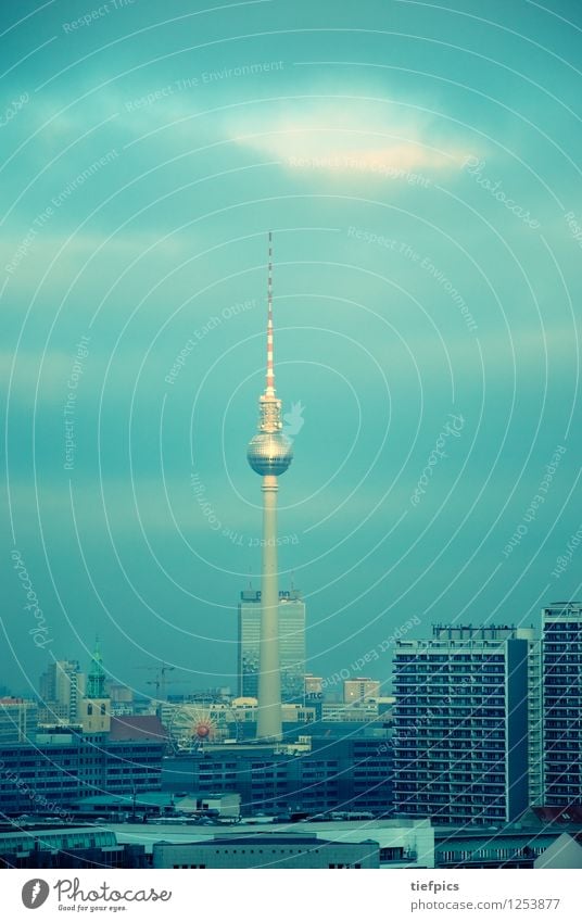 Berlin Television Tower Town Skyline High-rise Building Architecture Facade Retro Blue Green Television tower GDR Middle park inn Set meal colors