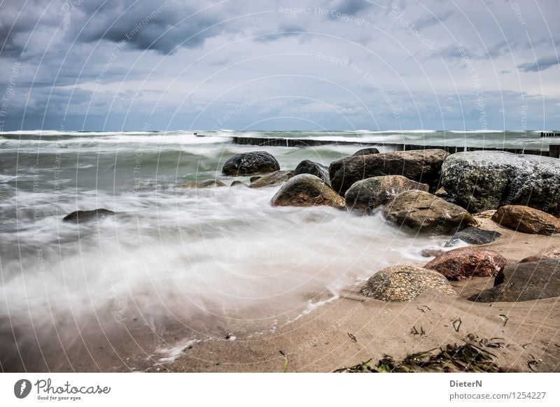 wild Environment Landscape Sand Water Sky Clouds Weather Bad weather Wind Gale Waves Coast Beach Baltic Sea Ocean Blue Brown White Wild Undulating Break water