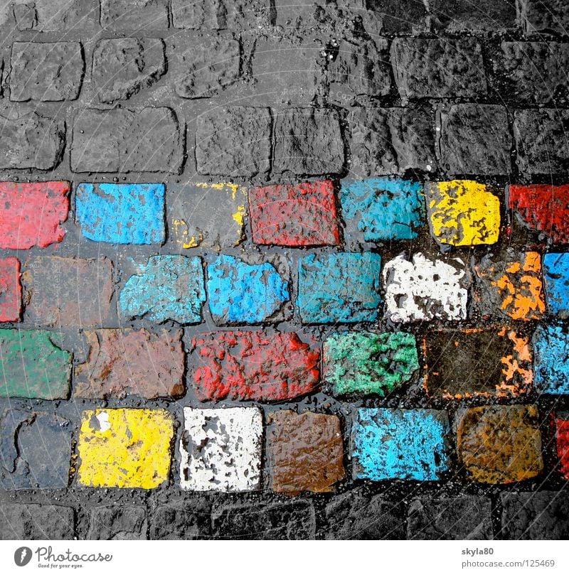 Everyday colour Town Multicoloured Rainbow Reflection Glittering Wet Colour Cobblestones Stone Floor covering playground Painting (action, work) Chalk