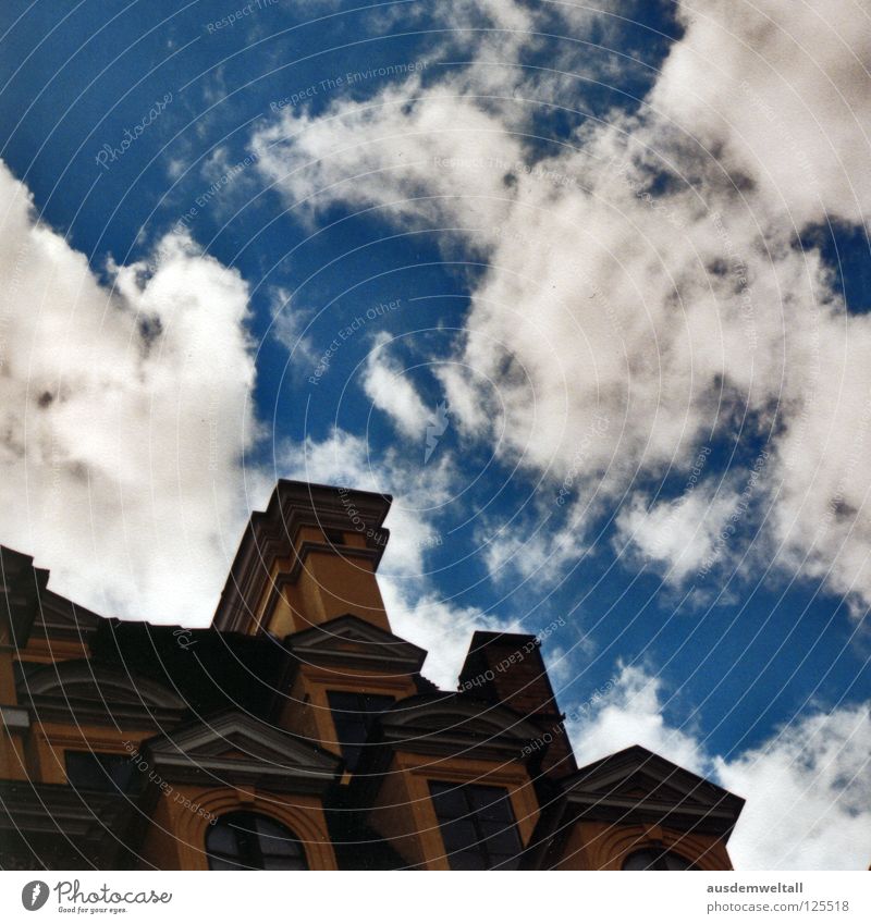 Blue-White Sky House (Residential Structure) Dark Clouds Window Leipzig Analog Colour Tall Corner Above neck pain Hansguckindieluft suburban south Scan color