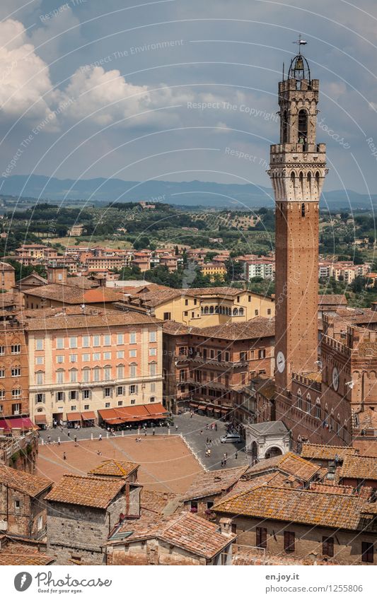 Piazza del Campo Vacation & Travel Tourism Trip Sightseeing City trip Summer vacation Environment Sky Clouds Horizon Siena Tuscany Italy Town Downtown Old town