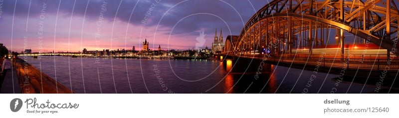 Panorama landmark of Cologne at dusk Colour photo Multicoloured Exterior shot Copy Space left Copy Space top Evening Twilight Light Shadow Silhouette Reflection