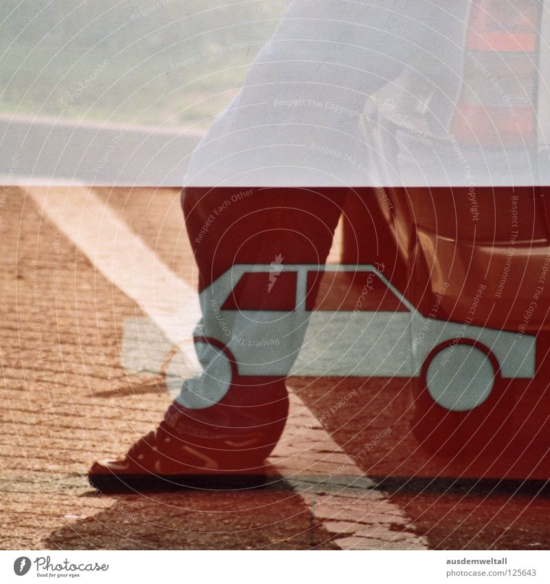 [Second car] Motor vehicle White Stripe Footwear Stand Rear light Double exposure Break Petrol station Highway Green Analog Colour Man Traffic infrastructure