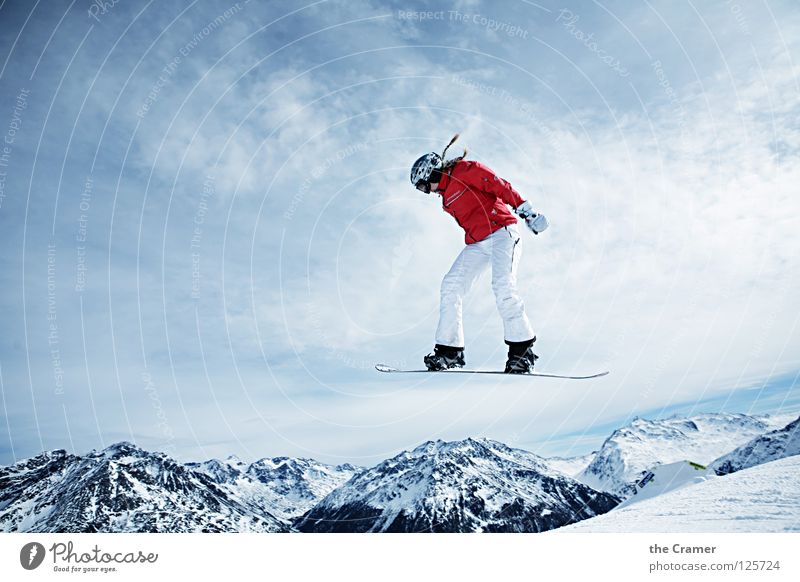 Pippi boarding Snowboard Red Jump Jacket Sublime Hover Calm Easy Weightlessness Winter Sports Playing Success Flying Blue Alps Cool (slang) Above Winter sports
