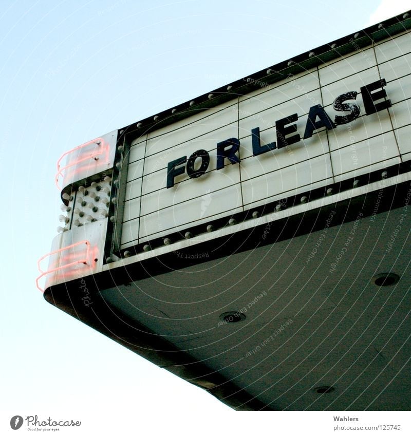 For Lease Advertising Lamp Neon light Cinema Letters (alphabet) Typography Roof Facade Detail Rent Free Loneliness Signs and labeling comedy Sky Theatre