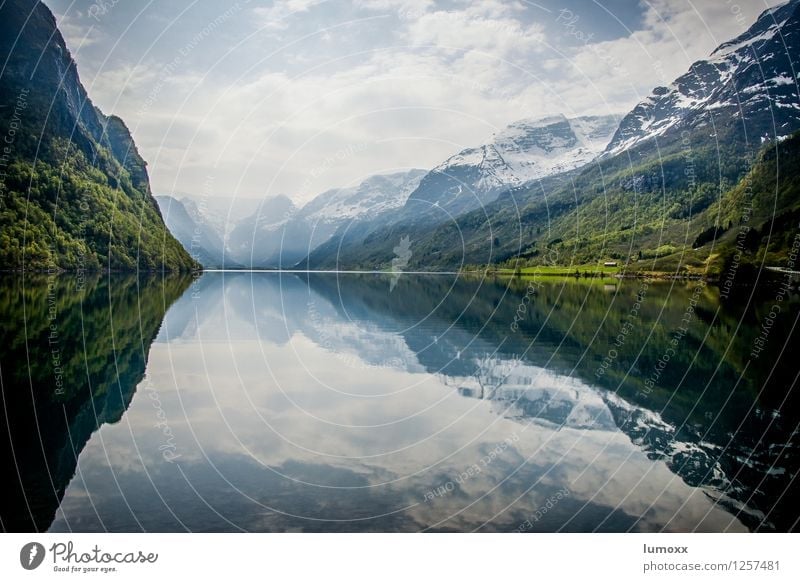 oldevatnet Environment Nature Landscape Water Sky Spring Snow Mountain Peak Snowcapped peak Glacier Lakeside Blue Green White Norway North Scandinavia