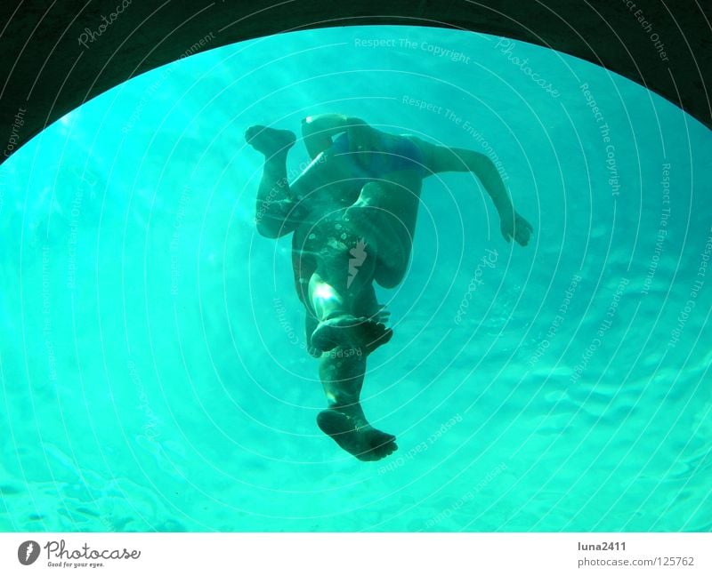 Observer under water Swimming pool Turquoise Under Swimmer (professional sportsman) Porthole Waves Aquatics Playing Water Blue Underwater photo Human being Legs