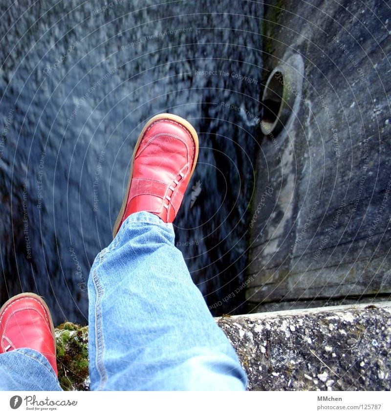 Spring´ is! Edge Wall (barrier) Footwear Exceed Red Bridge Grief Distress Water River Stone Rock Jeans changed sides red shoes Scaredy-cat spring´doch Sadness