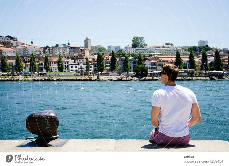 Postage II Human being Masculine Young man Youth (Young adults) 1 18 - 30 years Adults Landscape Water Cloudless sky Tree Waves River Porto Portugal Town