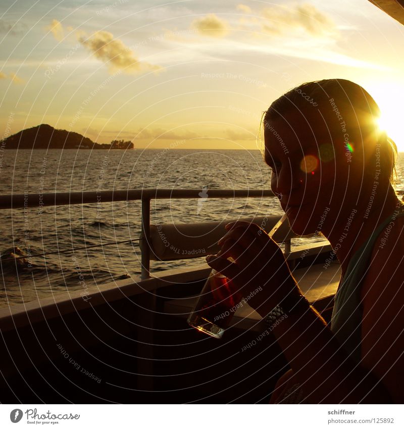 cola advertising Vacation & Travel Leisure and hobbies Watercraft Catamaran Cruise Ocean Railing Evening sun Sunset Clouds Lake Indian Ocean Seychelles Horizon