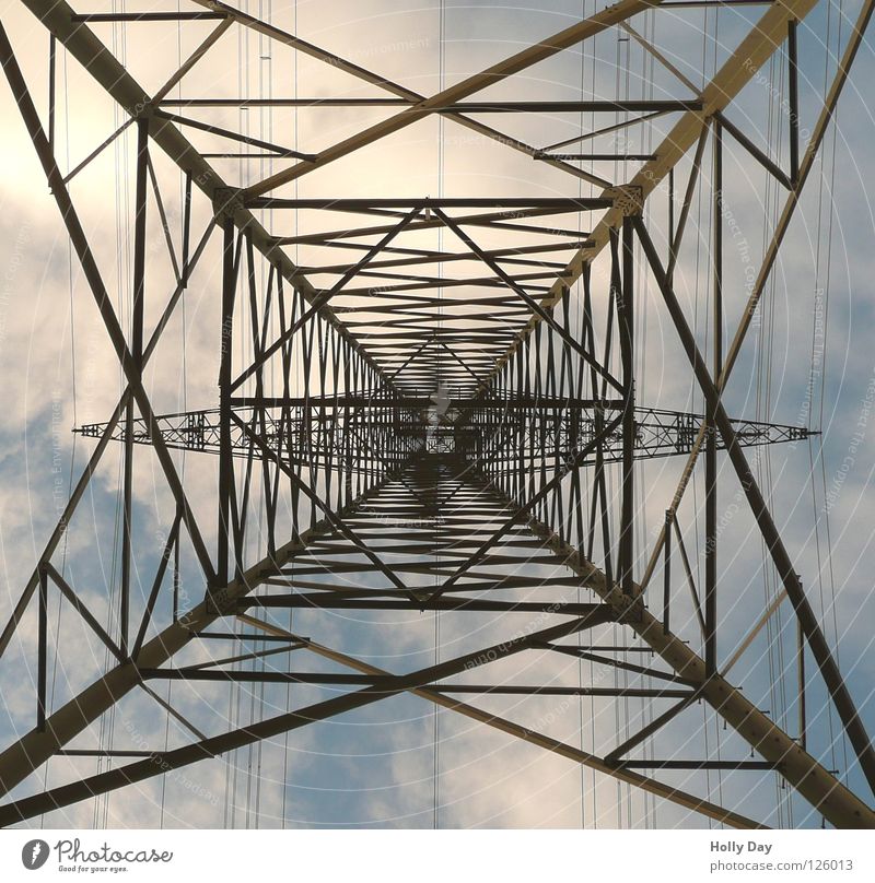 The third attempt... Electricity Electricity pylon Worm's-eye view Muddled Spider's web Steel Iron Clouds Strong Stand Industry Tall Upward Sky