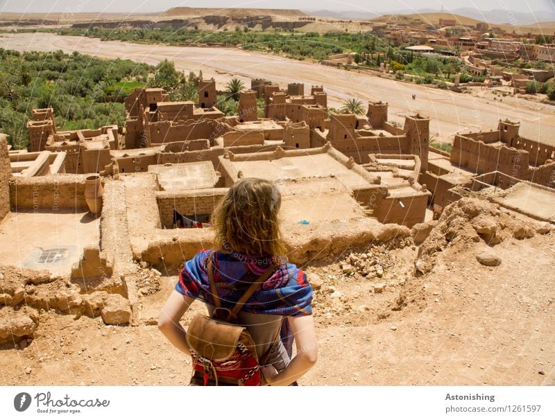 View of Aït-Ben-Haddou Human being Feminine Young woman Youth (Young adults) Body Head Hair and hairstyles Arm 1 Environment Landscape Sky Horizon Summer