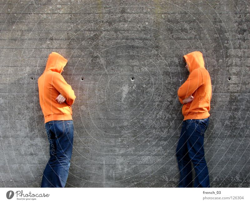 Get out of the sun! Stand Lean Hooded (clothing) Hooded sweater Red Hand Unemployment Gloomy Boredom Wall (barrier) Hollow 2 Looking Investigate Hatred Like