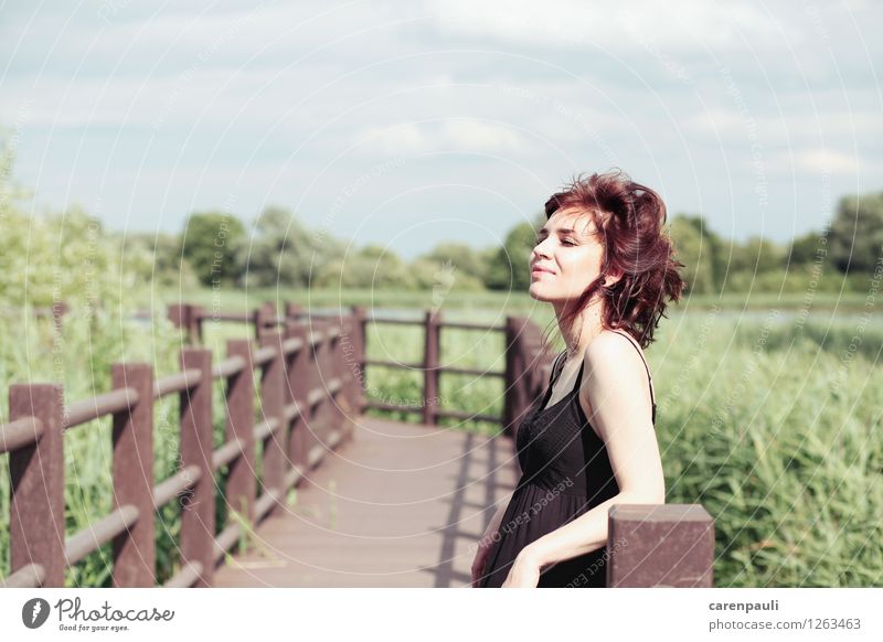 On the footbridge Summer Feminine Young woman Youth (Young adults) 1 Human being 18 - 30 years Adults Nature Sky Sun Beautiful weather Warmth Grass Meadow