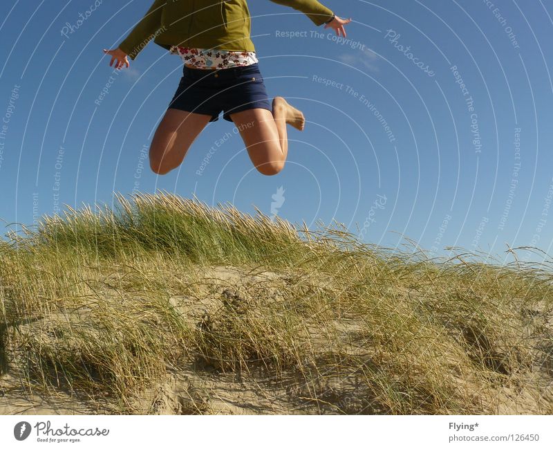 want to fly Jump Jumping power Summer Vacation & Travel Marram grass Joy Leisure and hobbies Power Force Beach dune Aviation Flying Legs Sky Lust Sand