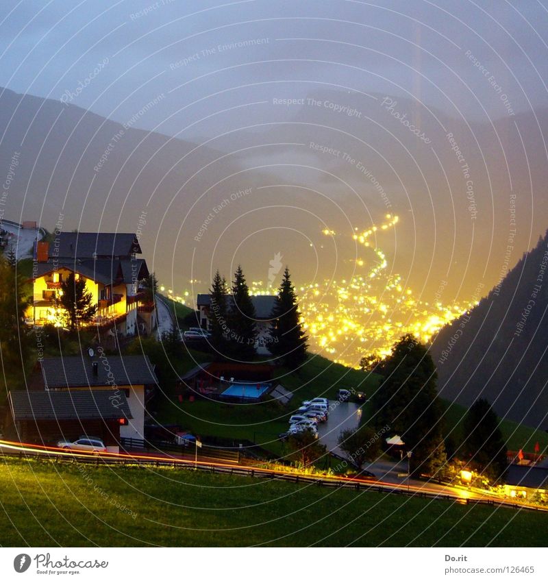 lava flow Light Night Dark House (Residential Structure) Tree Fir tree Vacation & Travel Gray Clouds Meadow Grass Green Tracer path Village Italy South Tyrol