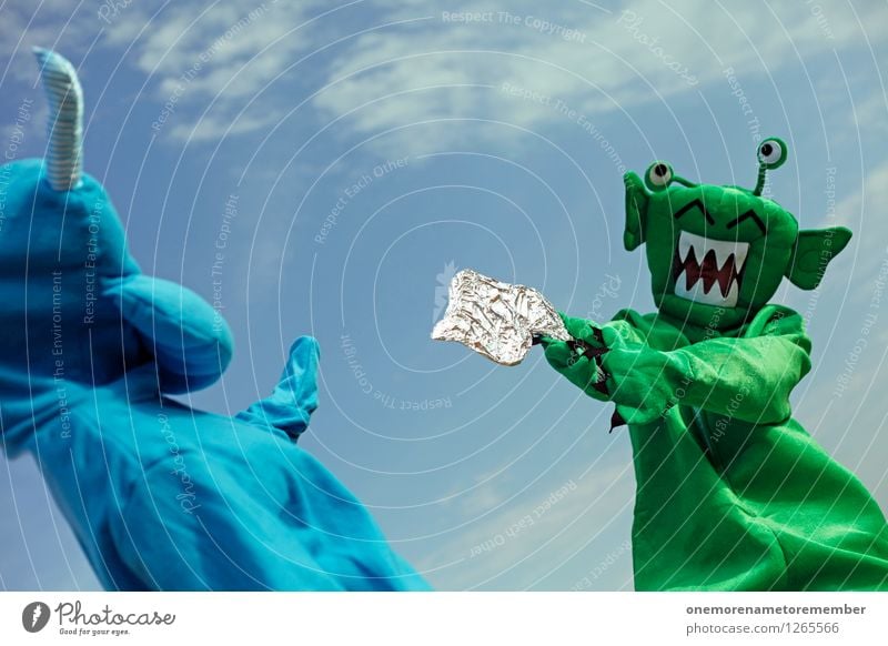 FREEZE! Art Work of art Adventure Esthetic Extraterrestrial being Monster Ogre Monstrous Threat Handgun Laser Green Blue Blue sky Carnival costume Dress up Joy