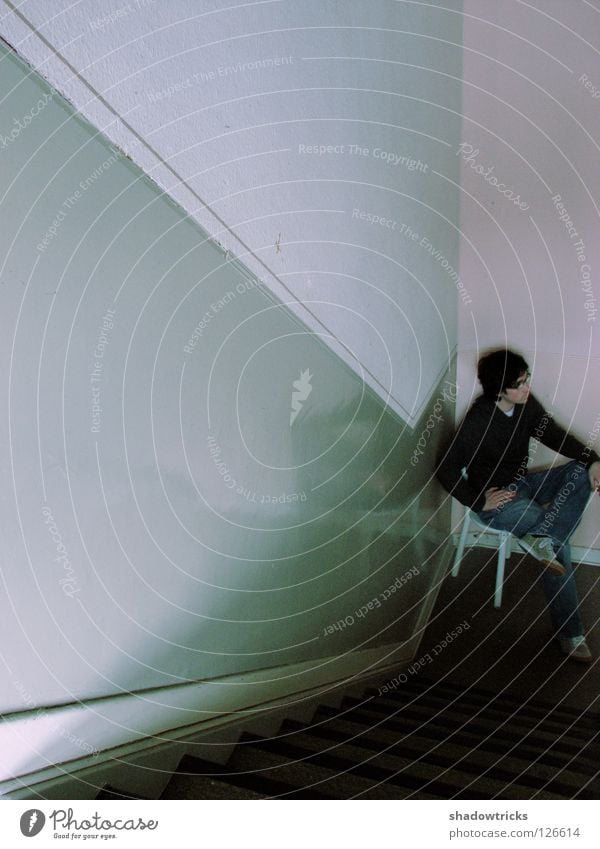 Tim in the stairwell Furniture Seating Wall (building) Staircase (Hallway) Dark Glittering White Human being Chair Stairs Old Sit four-color form