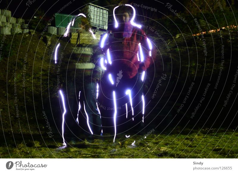 The Two Long exposure 2 Light Woman Man Transparent Jacket Pants Radiation Easygoing Stand Grass Meadow Dark Night Human being Lamp Shadow Hair and hairstyles