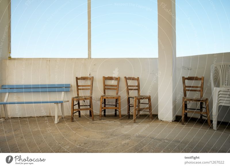 row of chairs with bench Chair Bench Wooden chair Old Gloomy Blue Still Life Calm Going Colour photo Interior shot Morning