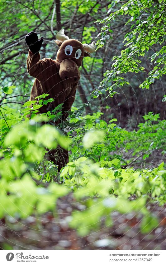 Hello there! Art Work of art Esthetic Elk Elk cow Bull Moose Forest Clearing Edge of the forest Forest plant Green Costume Carnival costume Absurdity Dress up