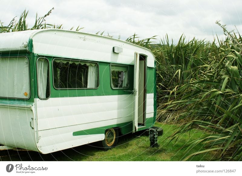 SWEET LITTLE HOME New Zealand Caravan Green White Camping site Rubber boots Ocean Beautiful Beach Living room p.b. campervan Old flax my gumboots small home